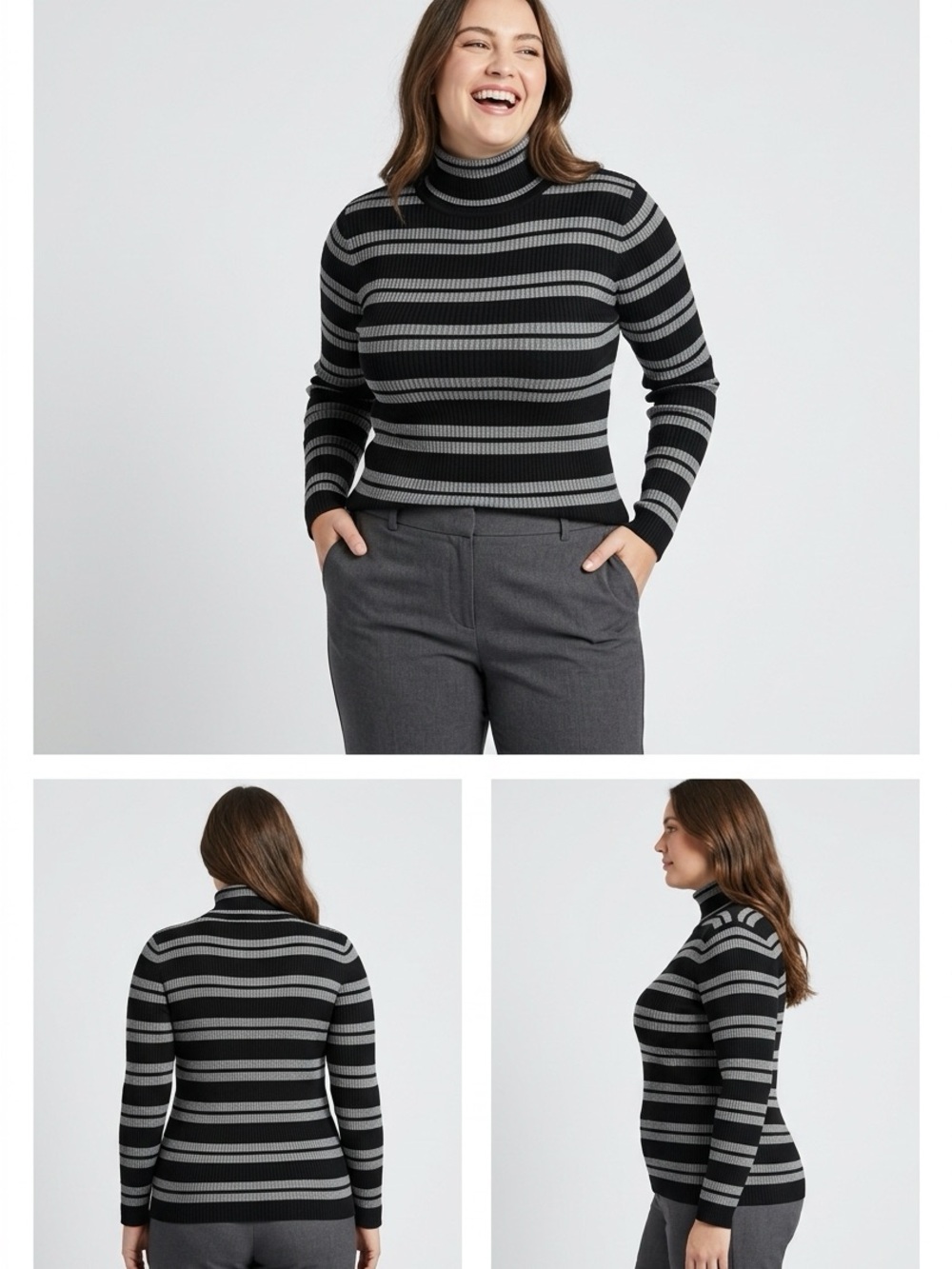 It's Our Time Striped Ribbed Turtleneck Sweater - Black & Gray